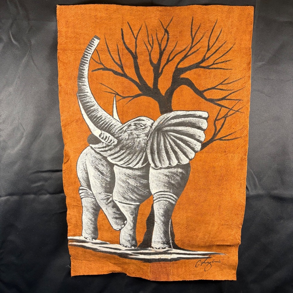 Vintage African Bark Cloth Painting Elephant Acacia Tree Signed Folk Art 20x13